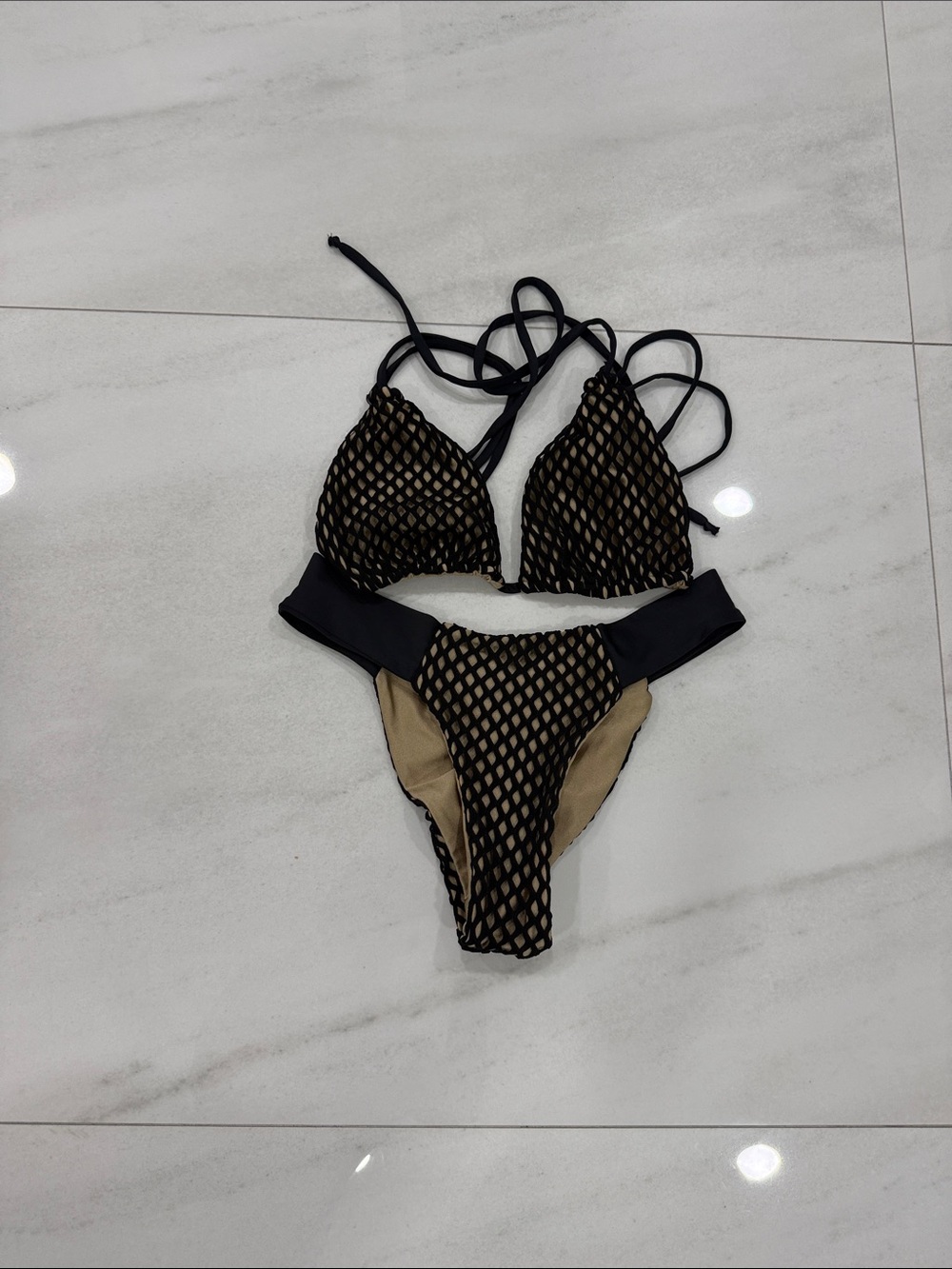 Custom Made! Black Fishnet Overlay Bikini Set with Nude Lining
